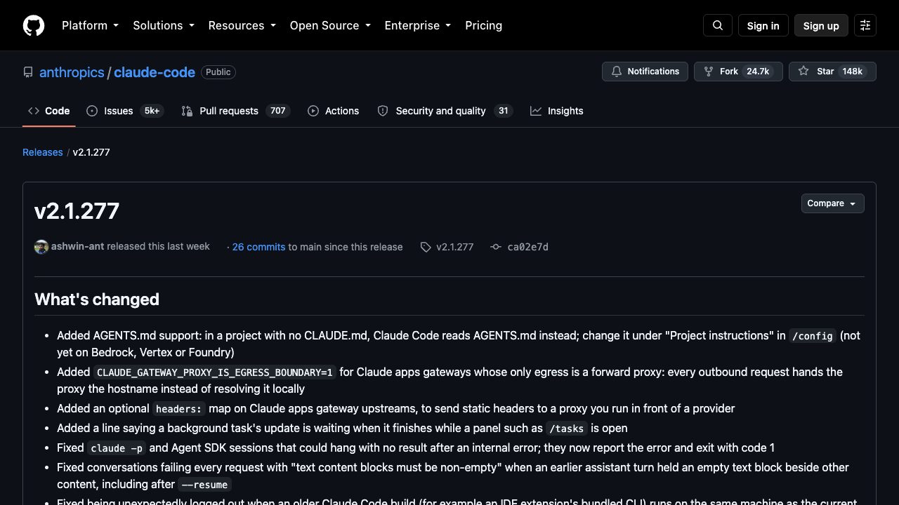 Claude Code v2.1.277 릴리스 노트