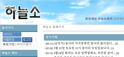 2007년 하늘소 홈페이지 첫 화면 윗부분