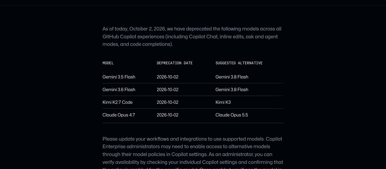 GitHub 변경 이력의 지원 종료 모델 표