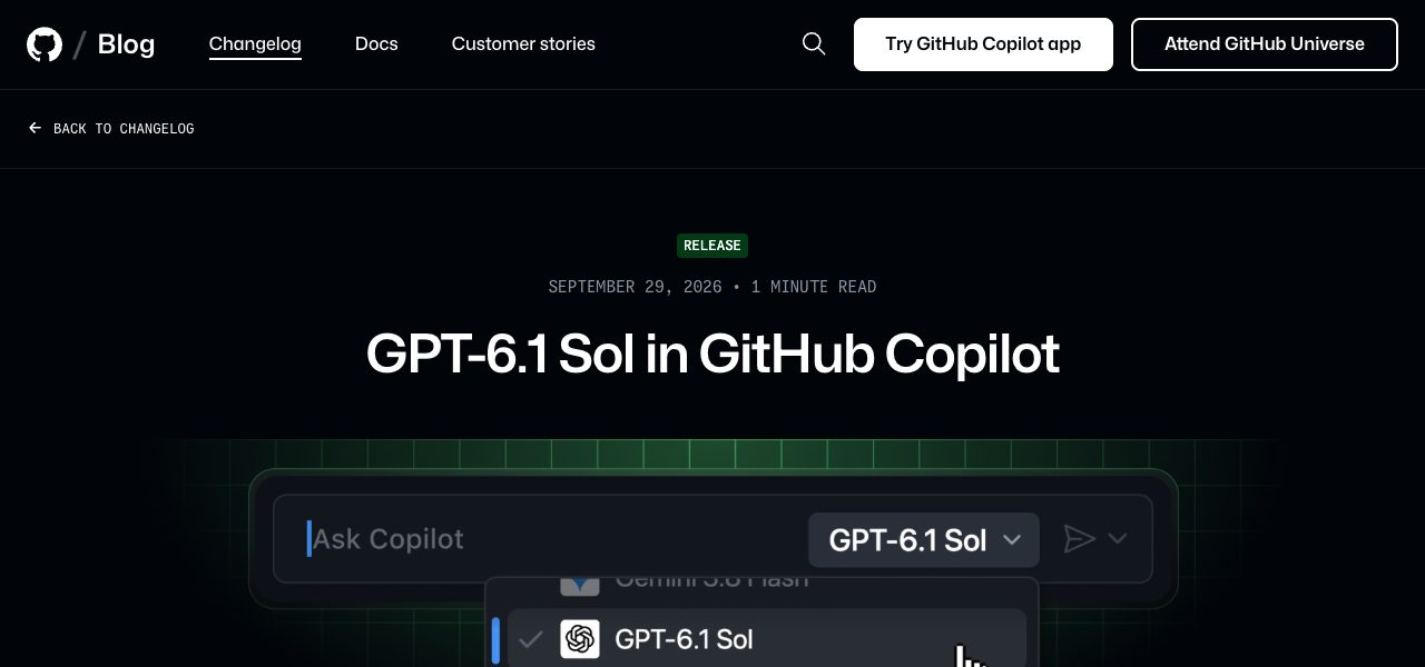 GitHub 변경 이력 「GPT-6.1 Sol in GitHub Copilot」