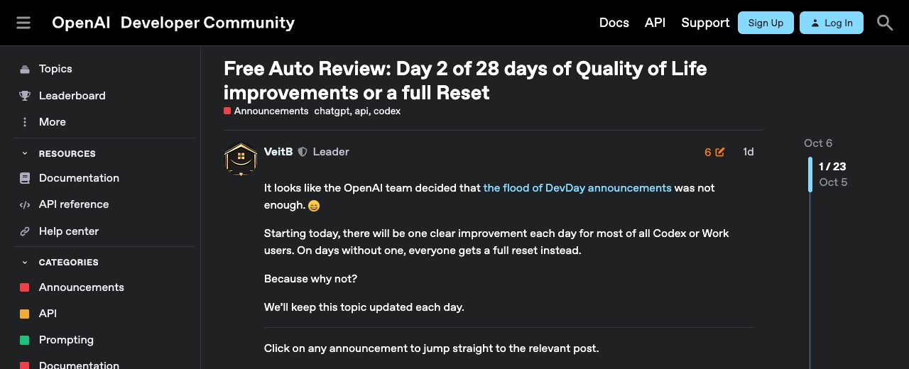 OpenAI 개발자 커뮤니티 「Free Auto Review: Day 2 of 28 days」 글
