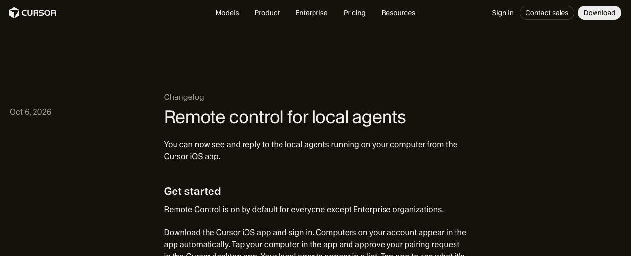 Cursor 변경 이력 「Remote control for local agents」