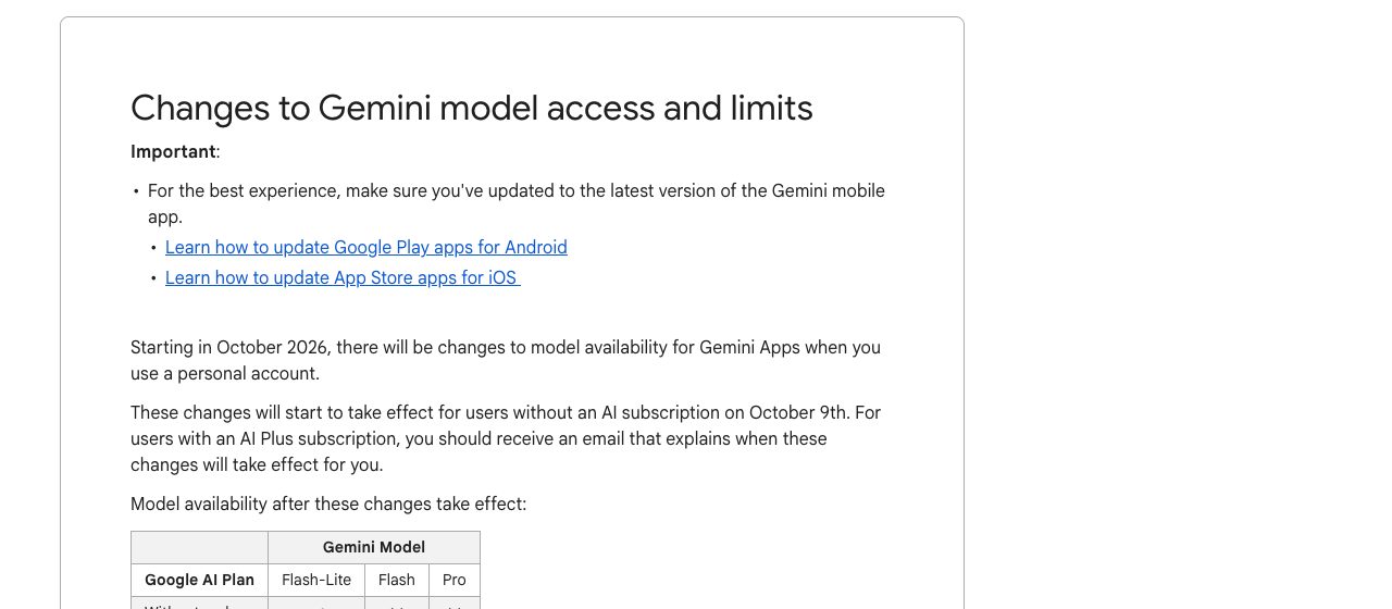 Google 지원 페이지 「Changes to Gemini model access and limits」