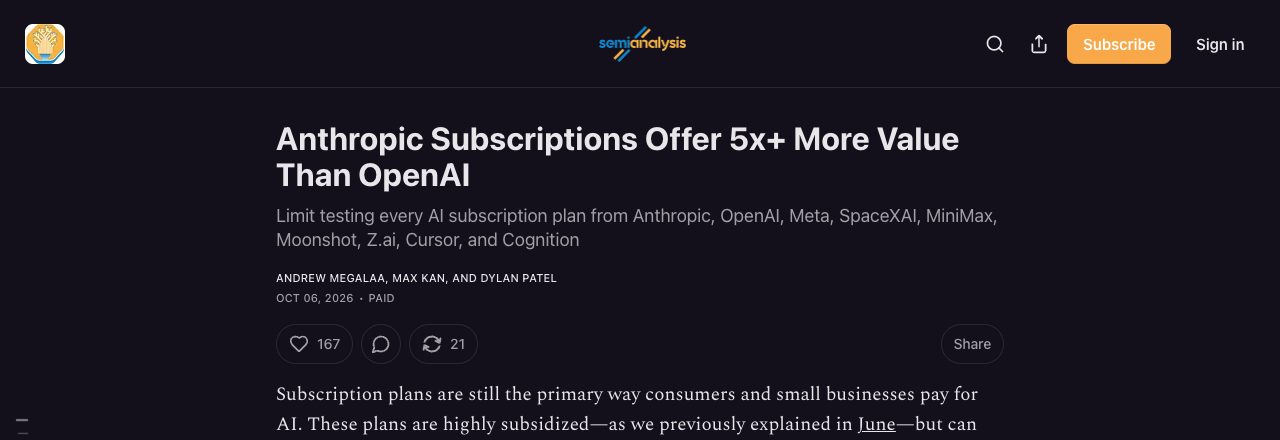SemiAnalysis 「Anthropic Subscriptions Offer 5x+ More Value Than OpenAI」